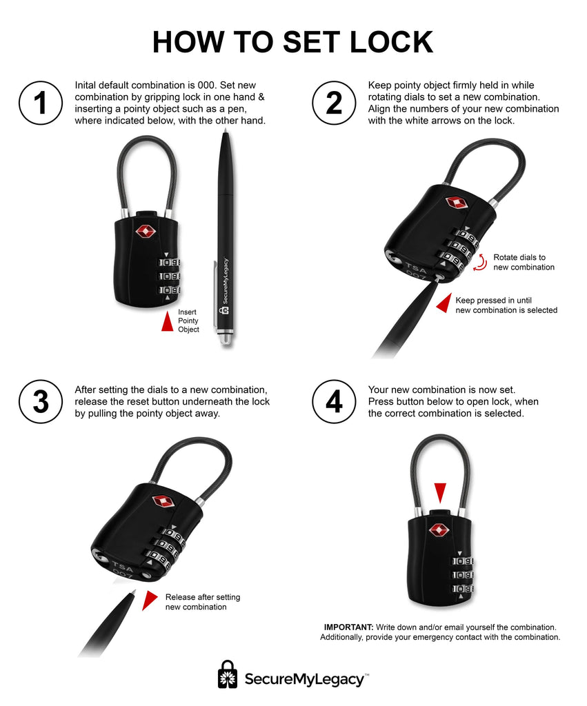 3 Digit Combination Bag Lock - TSA Approved