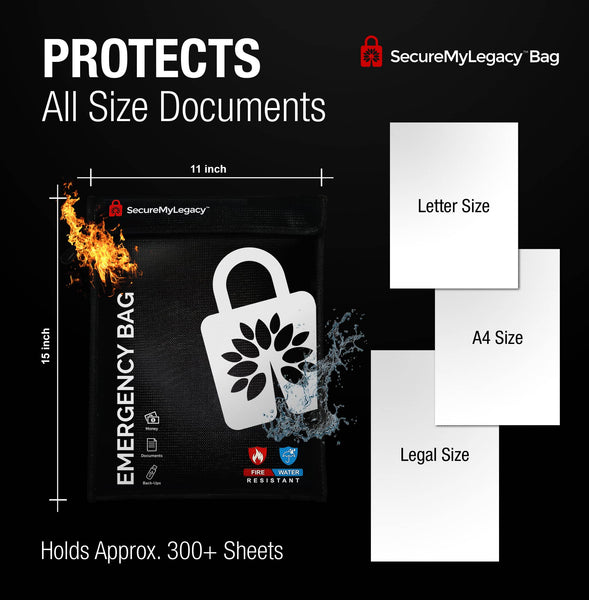 Secure My Legacy Fireproof Document Bag (3-Pack) - Fire & Water Resistant Storage For Emergency Papers, Photos, Cash - 11" X 15"