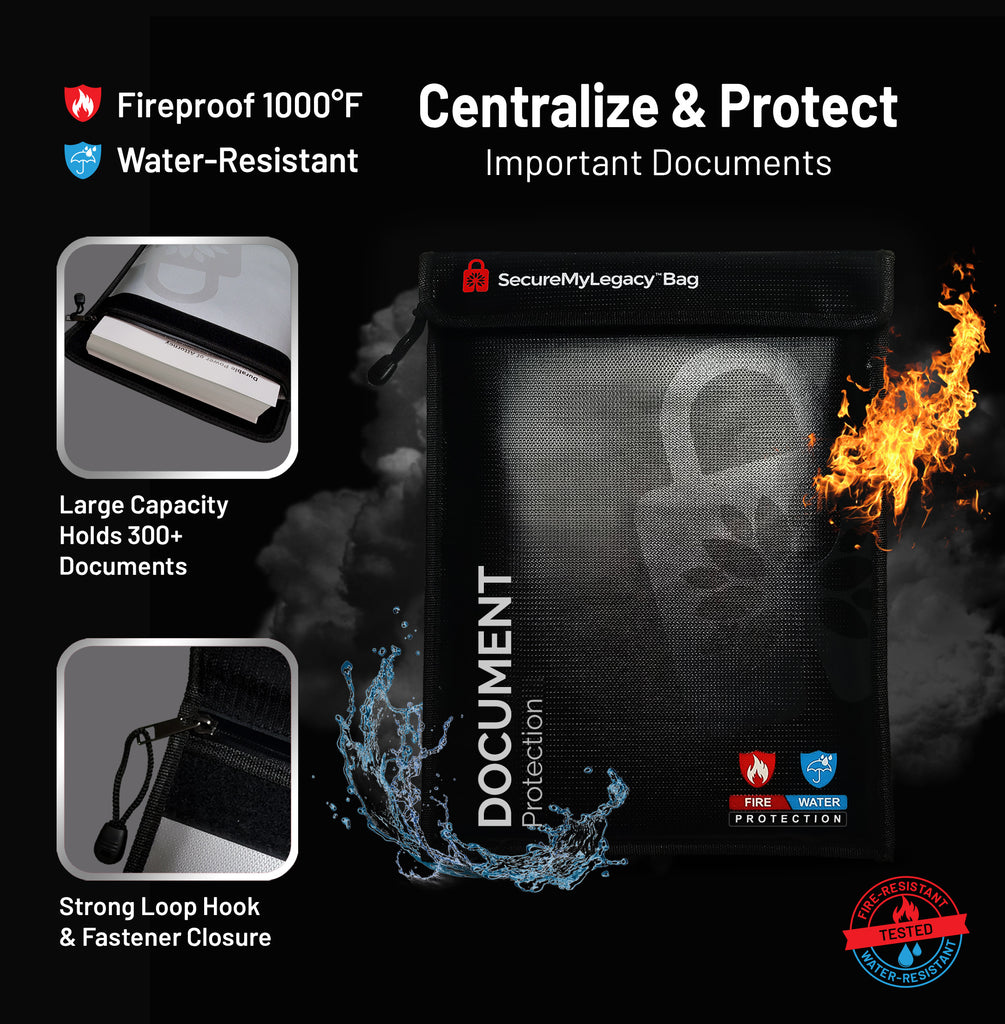 Fireproof Water-Resistant Bag - Document Protection (Black 15 x 11")